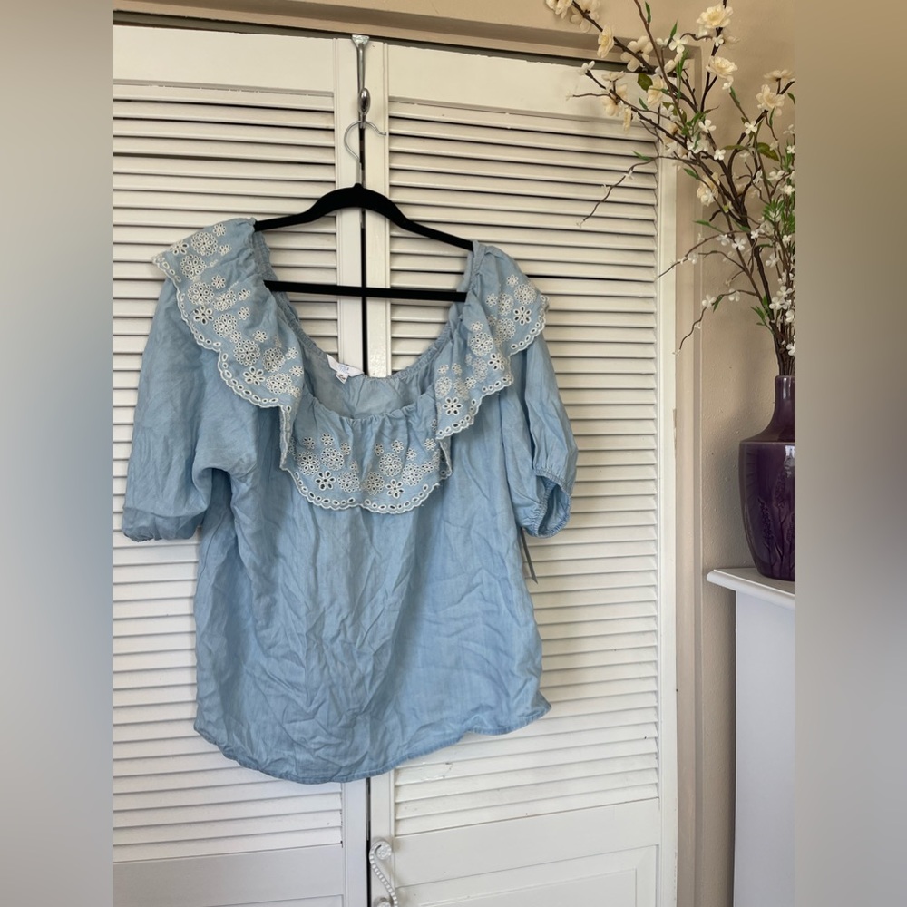 Time and Tru XL NWT Blue Embroidered Blouse